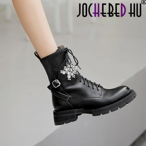 【JOCHEBED HU】Sexy Genuine Leather Motorcycle Boots Platform Round Toe Chunky Heels Shoes Woman Winter New Night Club Retro Pumps