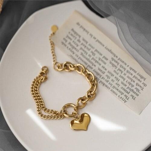 MEYRROYU Stainless Steel Gold Color Heart Bracelets Vintage Thick Chain Pulseira 2021 New For Women Fashion Gift Party Jewelry