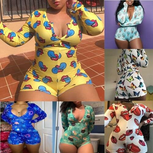 Hot Selling Sexy Women Onesies Pajamas Playsuit V-Neck Long Sleeve Buttoned Printing Nightwear Jumpsuit Club Party Romper 2020