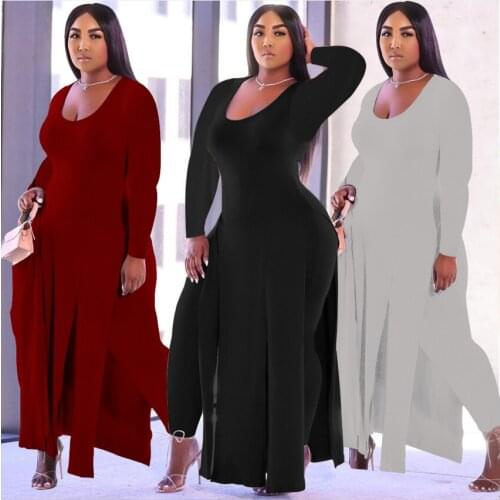 New Autumn 2021 Women Plus Size Two Piece Sets Casual Plus Size V-Neck Full Sleeve Slit Long Tops High Waist Skinny Pants Suits