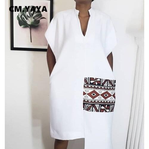 CM.YAYA Women Bohemian Print Patchwork Short Sleeve V-neck Irregular Slim Loose Dress for Streetwear Fashion 2021 New Summer