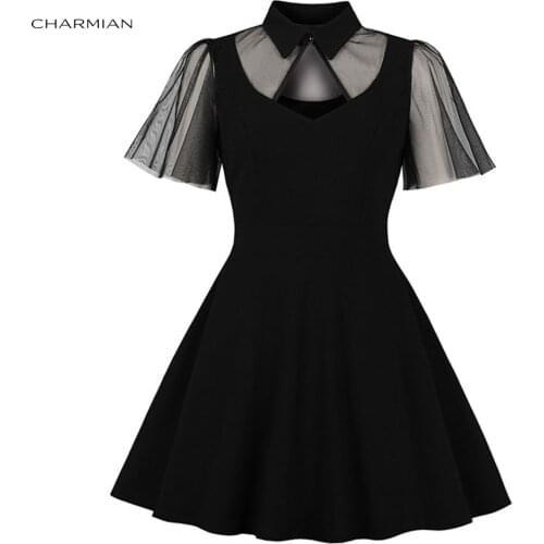 Charmian Womens Sexy Gothic Black Sheer Mesh Splicing Lapel Cut-out Ruffle Sleeve High Waist Swing Dress