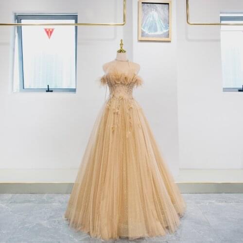 Haute Couture Golden Evening Dress 2021 Tulle Off The Shoulder Crytal Beadings Glitter Shiny A line Prom Dresses Long For Women