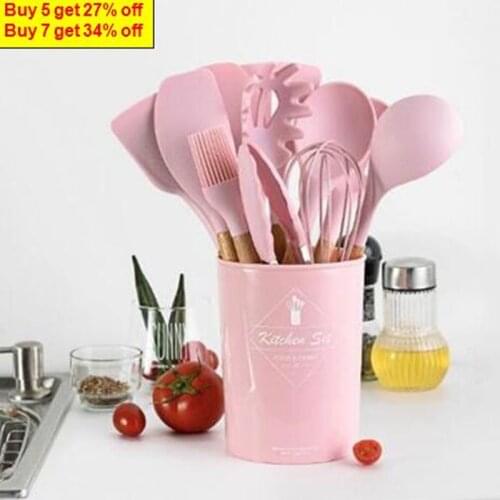 1pcs Pink Cooking Tools Premium Silicone Wooden Handle Kitchen Cooking Utensils Set Turner Tongs Spatula Soup Spoon Egg Beater
