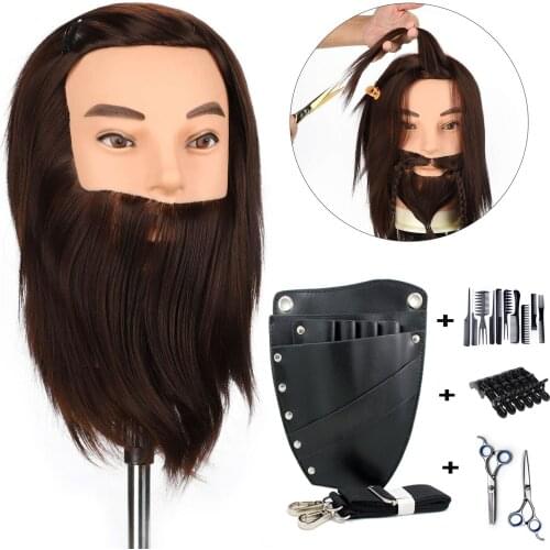 100% Real Hair Male Mannequin Head With Hair Beard For Hairdressers Salon Hairdressing Male Training Heads For Cutting