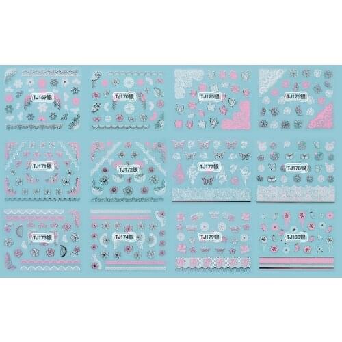 12 SHEETS / LOT GOLDEN & SILVERY INAID 3D METALLIC NAIL DECAL SELF ADHESIVE STICKER DAISY BUTTERFLY LACE FAN TJ169-180