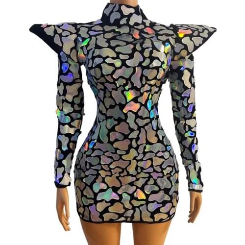 Shining AB Colors Sequins Long Sleeve Mirror Dress Evening Party Birthday Outfit Nightclub Dance Costume Singer Stage Wear DTDQ