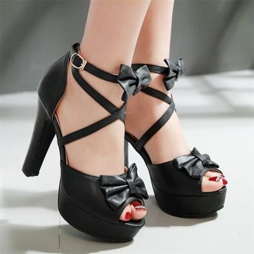 Lolita Shoes Woman High Heels Platform Sandals Peep Toe Ankle Strap Bow Ladies Shoes Summer Dress Shoes Pink Black Purple
