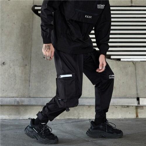 Mens Side Pockets Harem Pants 2021 New Hip Hop Casual Ribbons Design Male Joggers Trousers Fashion Streetwear Pant Black