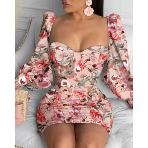 Elegant Women Floral Printed Slim Bodycon Puff Dress Autumn Wrapping Chest Long Sleeve A Line Mini Dress Casual Party Vestidos