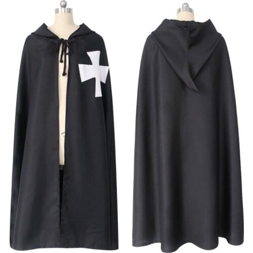 Hot Sale Halloween Medieval Costume Clothing Black Knights Costume Hospitaller Tunic Cloak Cape Men Gothic White Cross Robe