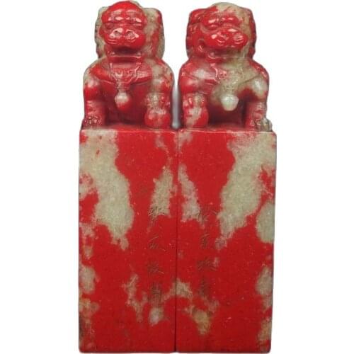 Chinese old Beijing old goods collection old Bloodstone carved beast seal a pair