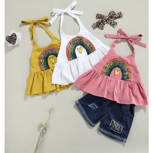 FOCUSNORM 3 Colors Fashion Kids Girls Clothes Sets 3pcs Rainbow Printed Sleeveless Belt Ruffles Vest Tops Denim Shorts Headband