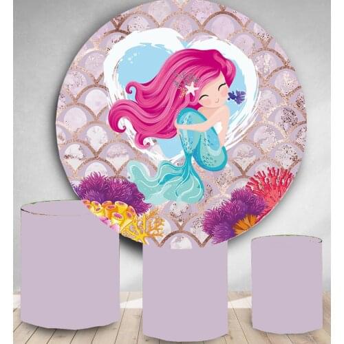 Little mermaid themed Circle photography backdrop pink blue round photo booth background bay shower birthday party under the sea