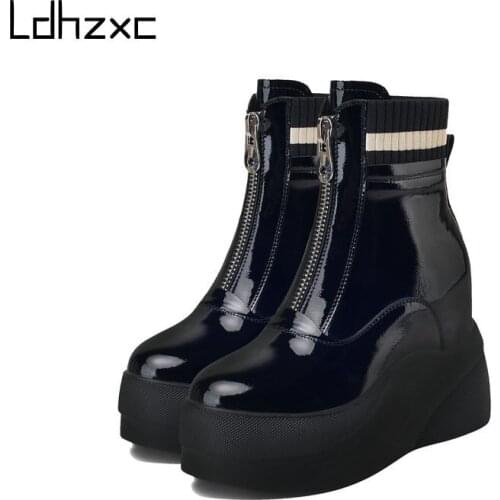 LDHZXC Platform Women Ankle Boots Autumn Winter Warm High Heels Genuine Leather Shoes Woman Comfortable Zipper Boots Plus Size