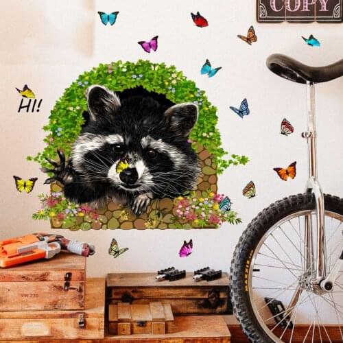 Cartoon Cute 3D Raccoon Animals Wall Stickers for Kids Room Living Room Bedroom Decor Butterflies Flower Vinyl Wall Decals Art