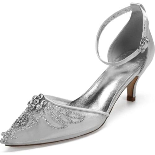 MorHermoso Pointed Toe Ankle Strap Kitten Heel Silver Bridal Wedding Shoes Navy Blue Guest Reception Pumps