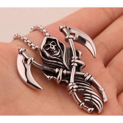 SilverBlack Color Mens Pendant Necklace 316L Stainless Steel Cool Grim Reaper Pendant With Rolo chain Necklace for Men