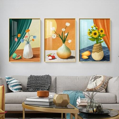 Nordic Living Room Wall Art Decorative Painting Light Luxury Small Fresh Vase Sunflower Plant Triple Sofa Mural Abstract Posters