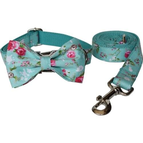 Blue flower dog collar and leash set with bow tie for big and small dog cotton fabric collar metal buckle