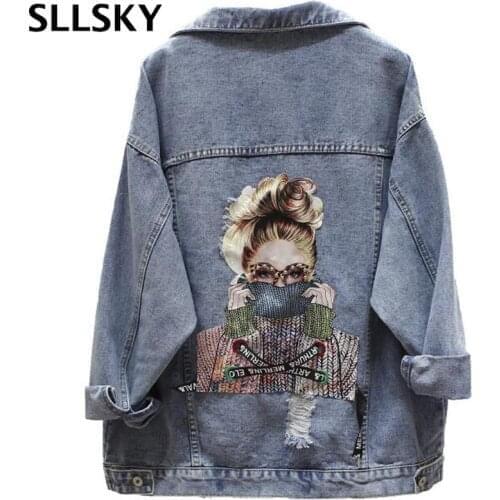 Sllsky Harajuku Printed Frayed Beading Denim Jacket 2019 BF Autumn New Solid Loose Jean Jacket Long Sleeve women coat outwear