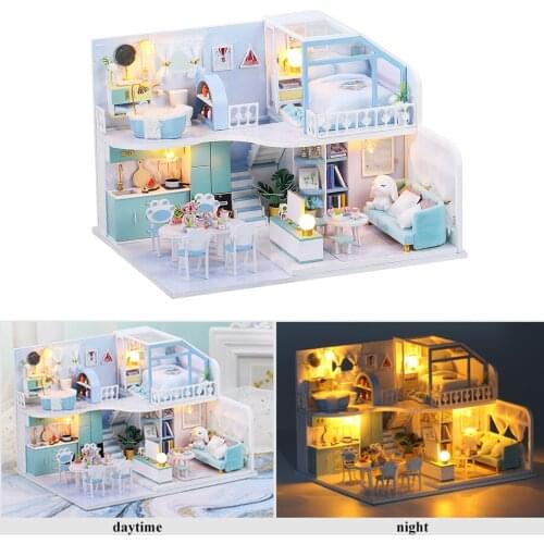 LED Light DIY Wood Miniature DollHouse Room Furniture Toy Birthday Gift
