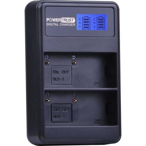 PowerTrust BLH-1 LCD USB Dual Battery Charger for Olympus BLH1 Li-ion Battery and EM1 MARK II Digital Camera Batteries
