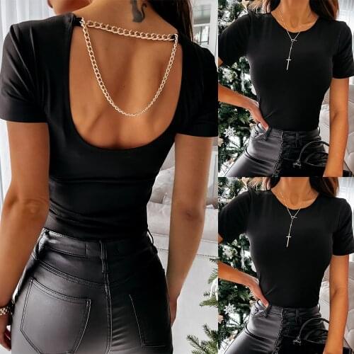 2021 Summer Sexy Women Slim T Shirt Solid Black Short Sleeve Backless Tops Ladies Casual Chain Tee Fashion Streetwear Clothes