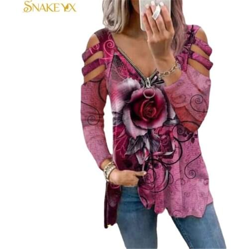 SNAKE YX Graphic Tee Woman Tshirts Rose Printed Long Sleeve Casual Plus Size Zipper Soft Comfortable Oversized T Shirt