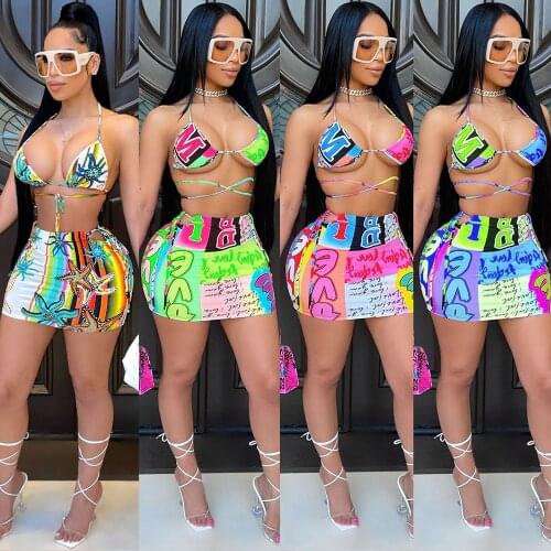 Sexy Bra Letter Print Skirt Sets Shorts Summer Swimsuit Bandage Halter Crop Top + Mini Skirt Beach Wear Women Two Piece Outfits