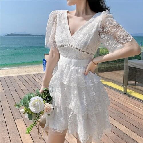 2021 New Womens Runway Summer Short Sleeve Dress Rose Flower Lace Hollow Out Elegant Chic Mini Party Dresses