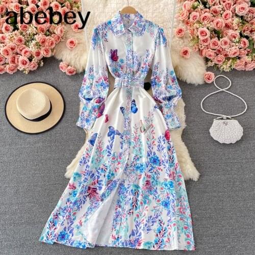 2021 New Spring Autumn Elegant turn down collar long sleeve Dress single breasted high waist lace up print long A-line Dress