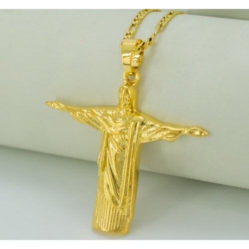 Anniyo Gold Color Cristo Redentor Rio Brazil Christ Redeemer Statue Jewelry Jesus Portrait Necklaces Figure Cross #041806