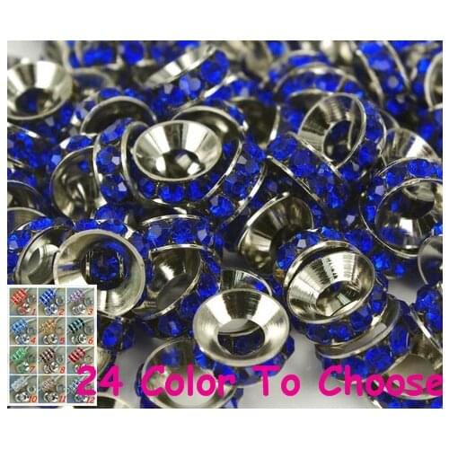 Free Shipping+Fasion Gift.10mm Deep Blue Rhinestone Crystal Rondelle Spacer Beads Lot,Rhodium Plated Big Hole European Beads