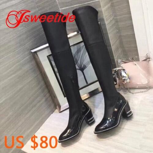 Black patent leather Chains over the knee boots Woman Black High heel Metal Chain Leather Short Boots Zipper Stretch long Boot