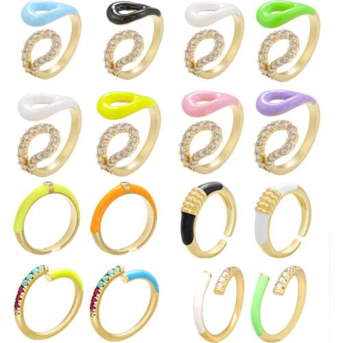 Enamel Women Ring Gold Color Neon Green Yellow Fluorescent CZ Layered Lady Finger Ring Wedding Engagement Adjustable Stackable