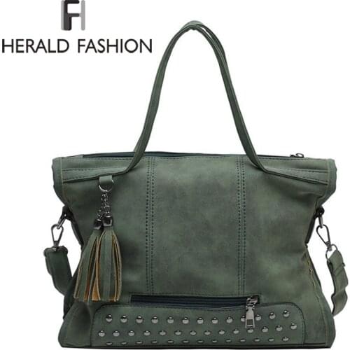 Herald Fashion Women Rivet Vintage Handbag Retro Messenger Bag Leather Shoulder Bag Larger Capacity Top-Handle Bags Travel Bag