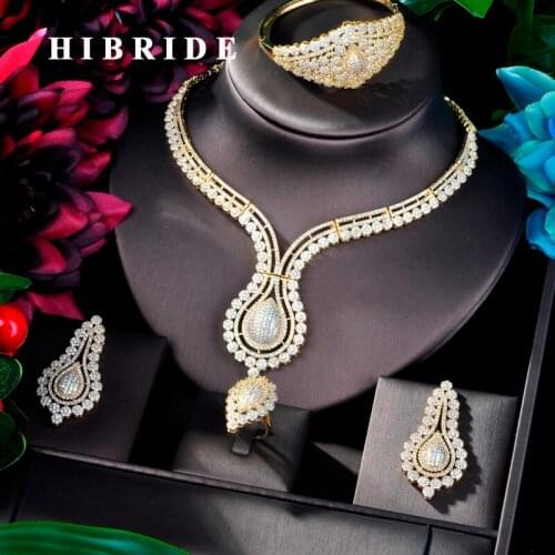 HIBRIDE Luxury Gold Color Nigerian Wedding Bride Cubic Zirconia Necklace Dubai 4PCS Dress Jewelry Set For Party Gifts N-821