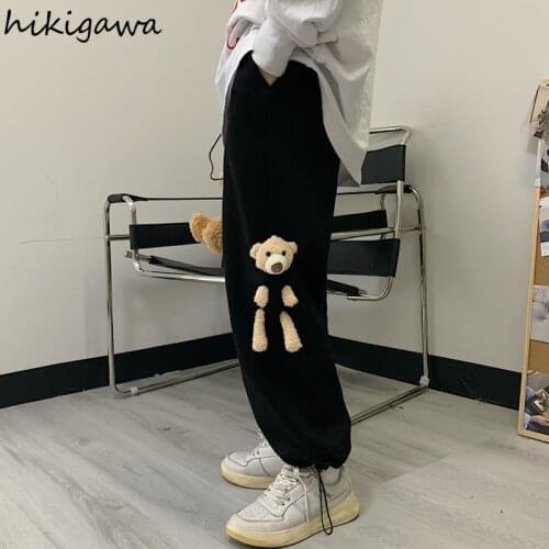 Hikigawa Womens Wide Leg Pants Loose 3D Bear Trousers Spring Korean New Plush Thick Casual Drawstring Fashion Sweatpants 7z185