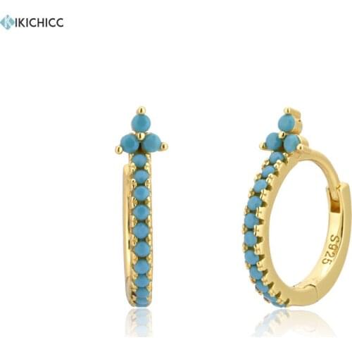 Kikichicc 100% 925 Sterling Silver Three Zircon Turquoise Huggies Hoops Women Luxury Crystal Women Fashion Jewelry Circle Loops