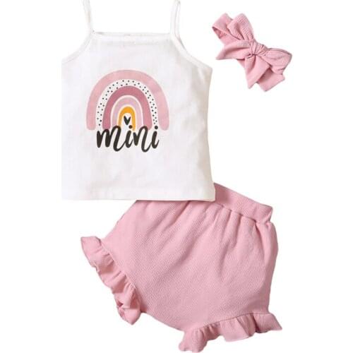 3Pcs Toddler Summer Outfits Sets Rainbow Strappy Tank Tops + Solid Color Frilly Pantie + Hairband for Baby Girls 0-24 Months