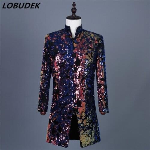 Men Colorful Flipping Sequins Suit Jacket Stage Costume 2019 New Male Slim Long Coat Nightclub Bar DJ Singer Presenter Tuxedo