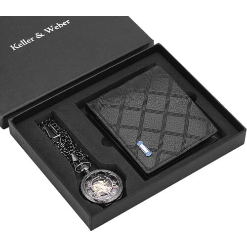 Pocket Watch Wallet Set Hollowed Out Mechanical Hand Wind Pocket Watch Leather Wallet for Father Husband Boyfriends