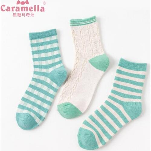Caramella 2019 New Design Cotton Women Socks 3Pairs/Lot Green Striped Short Socks Comfy Funny Girls Socks Skarpetki Damskie