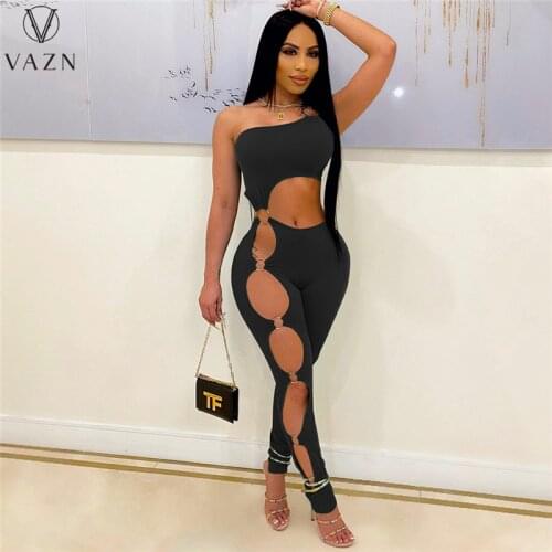 VAZN 2021 New Sexy Club One Off Shoulder Tank Sleeve Women Open Solid High Waist Skinny Long Pencil Jumpsuits