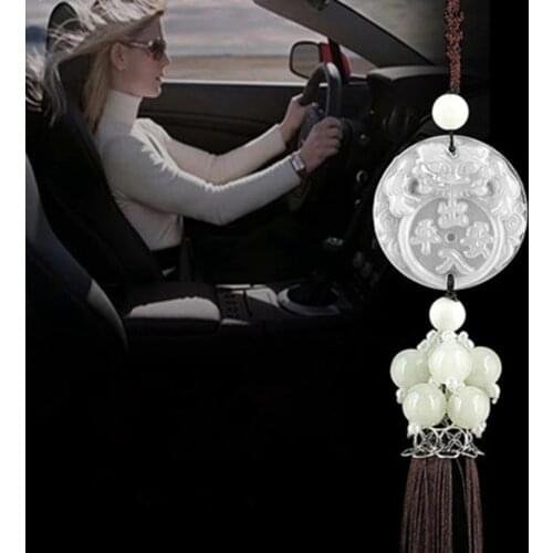 The new car pendant white jade is safe to enter and exit on both sides Car ornaments safety charm pendant Buddha embracing brave