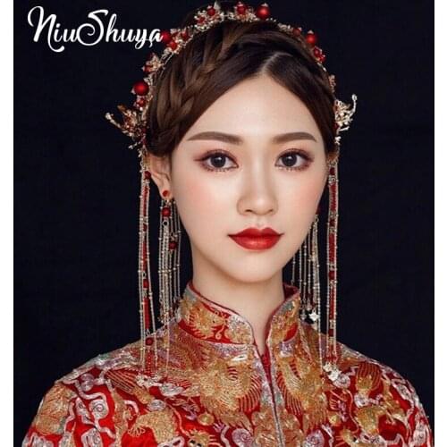 NiuShuya Ancient Chinese Red Pearl Luxury Bridal Hair Pins Gold Long Tassel Wedding Bride Headdress Hair Jewelry