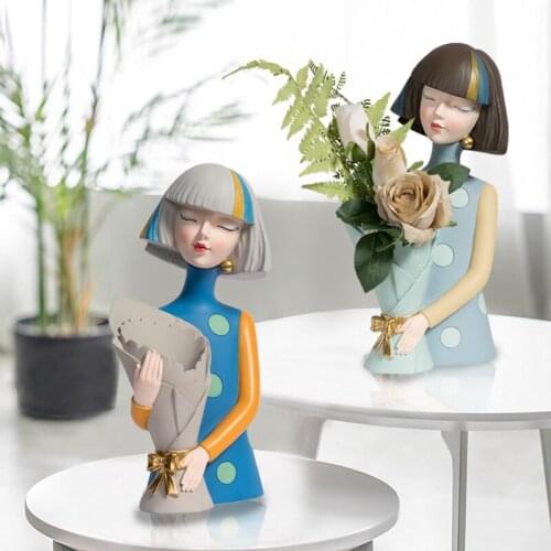 Nordic Resin Girl With Short Hair Sculpture Ornaments Flower Arrangement Vases Dry Room Flowers Vase Home Decoration Accessories