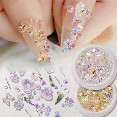 Nail Rhinestones Flower Butterfly DIY Art 3D Glitter Decor Nail Gems Metal Rivets Pearls Colorful AB Crystal Nail Art Decoration