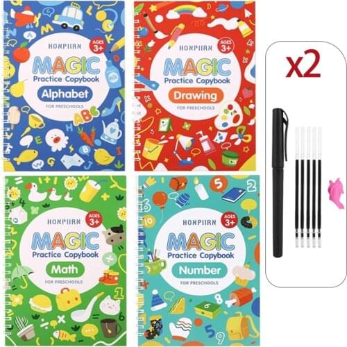 4Books / Aset Magic Practice Copybook Write Copybook Set Number of Math Alphabet Drawing Print Calligraphy Reusable Calligraphy